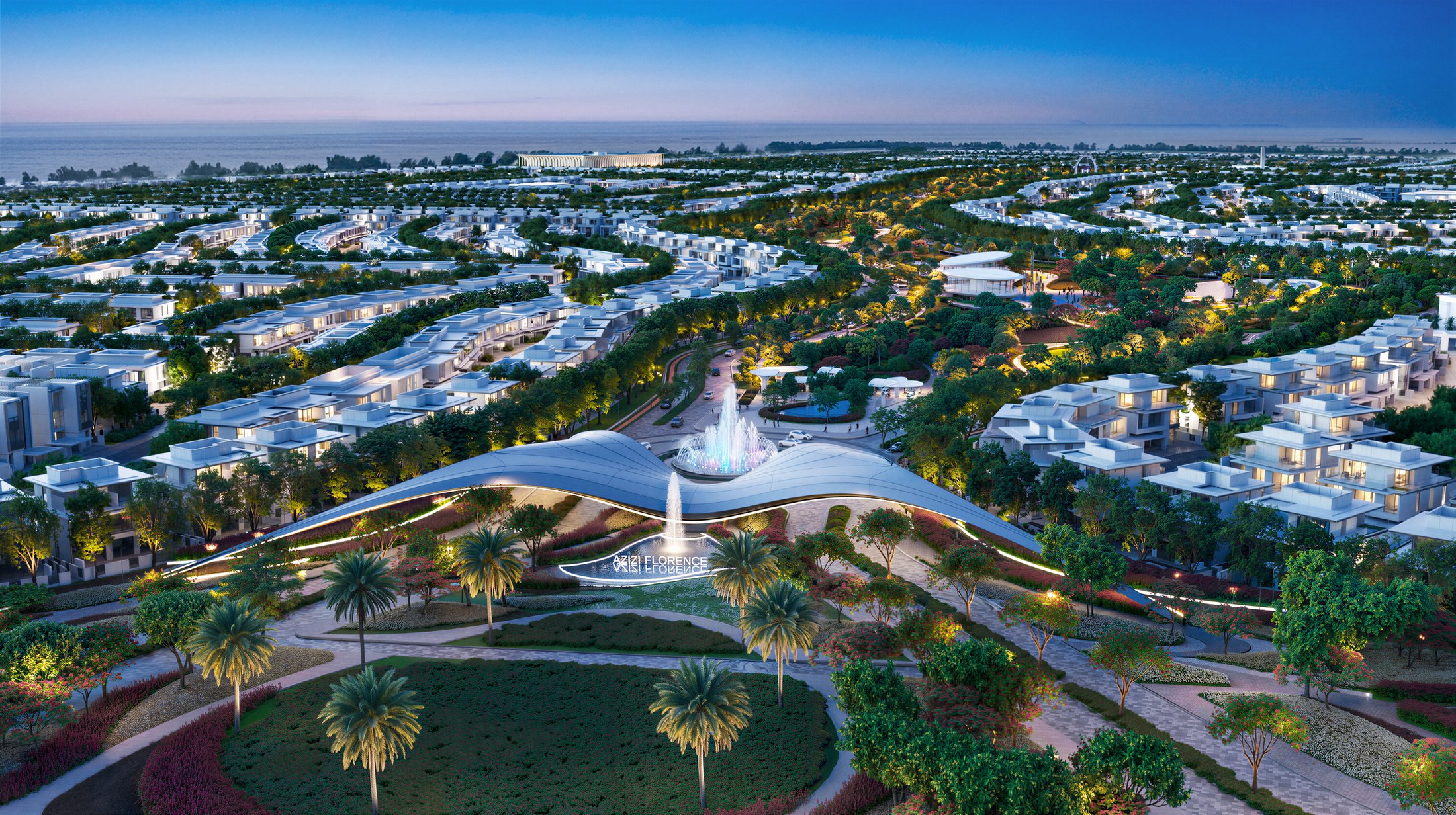 Aerial view of the Azizi Florence community and its signature arrival gardens