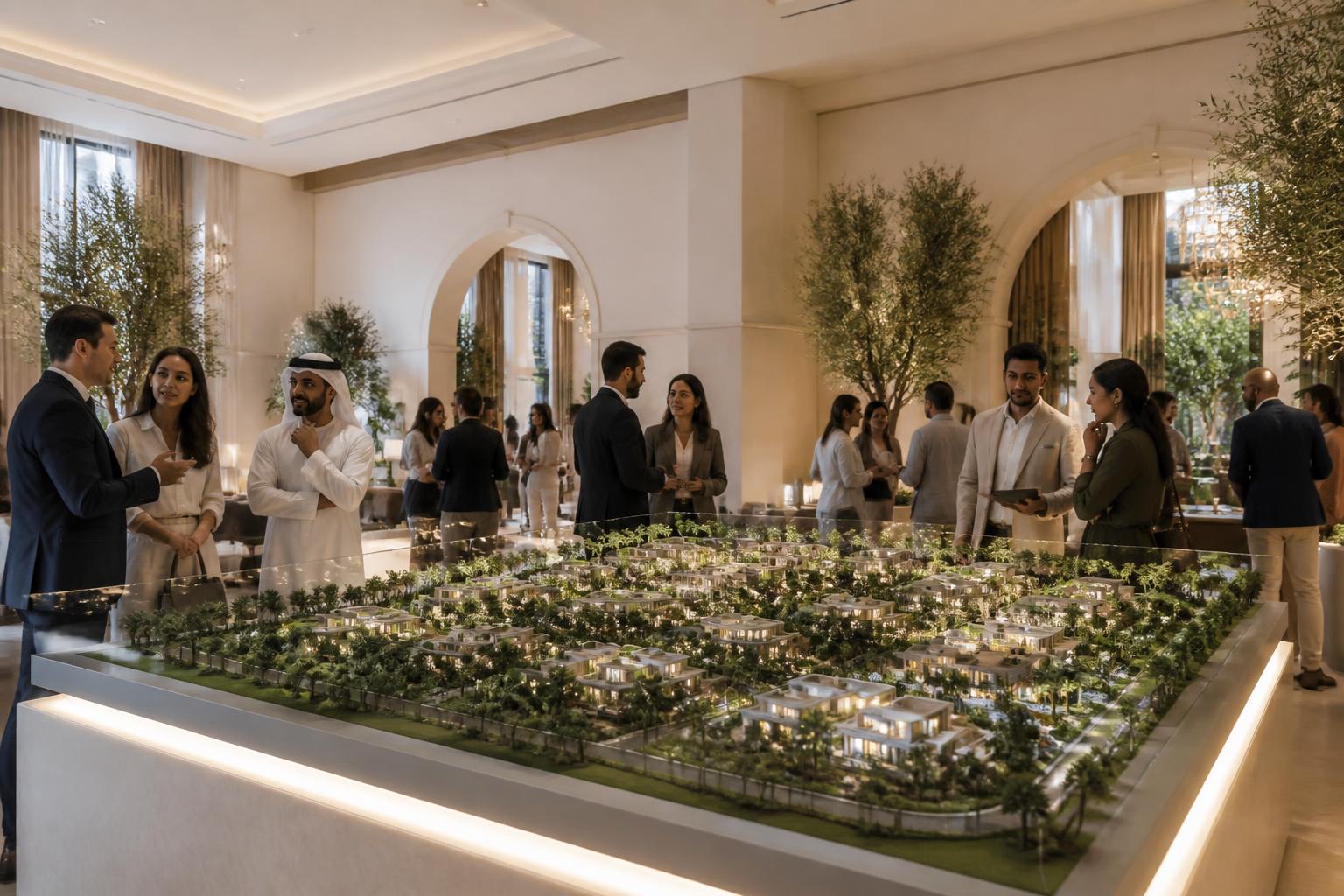 Prospective homeowners and property advisors discussing Azizi Florence around an architectural model at the pre-launch open house